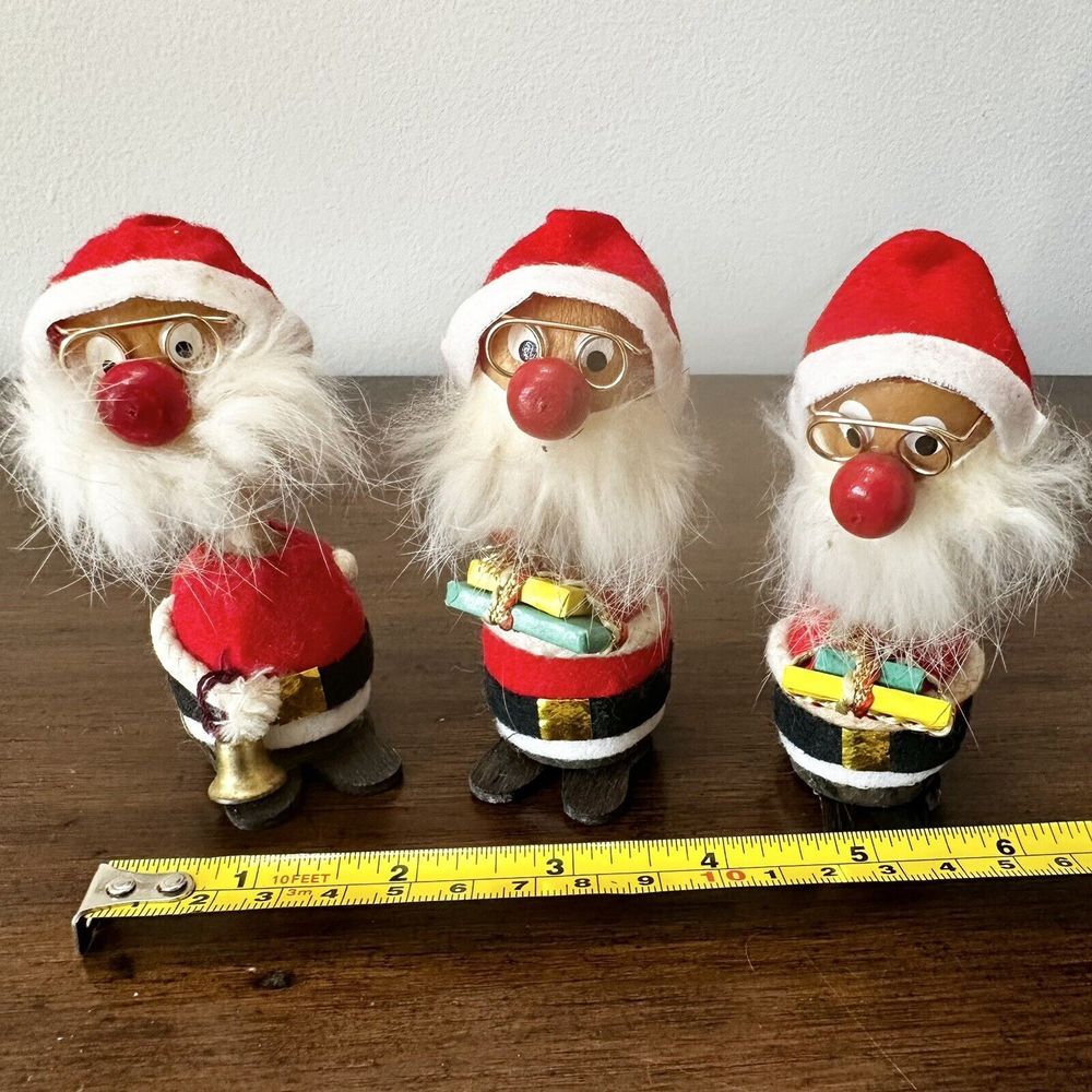 Vintage Kurt Adler Christmas Santas Set Of 3 Wood Japan Bobbleheads Bongos Retro